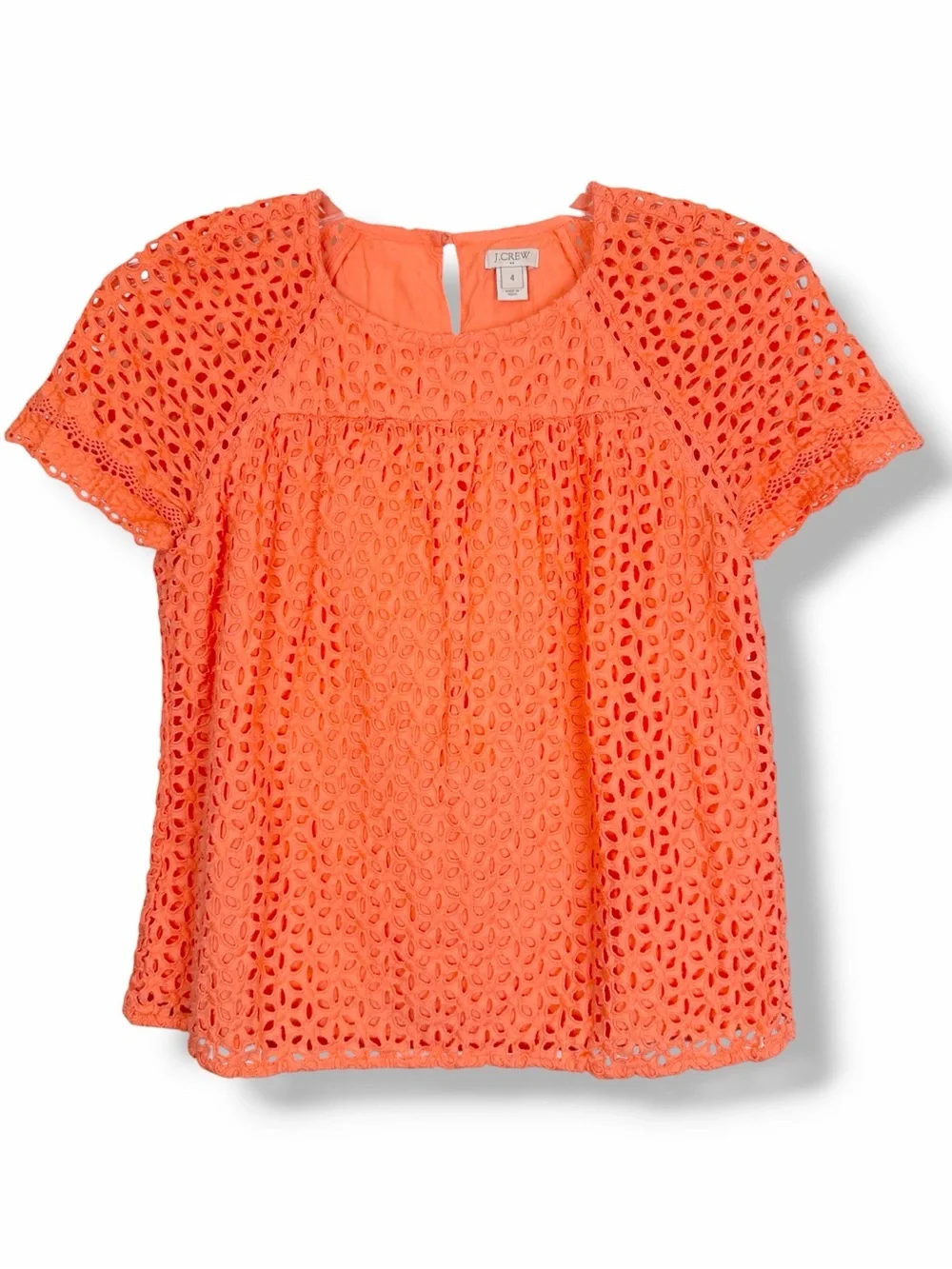 J.Crew Bright Orange Pink Coral Vintage Short Sleeve Eyelet Top Blouse size 4